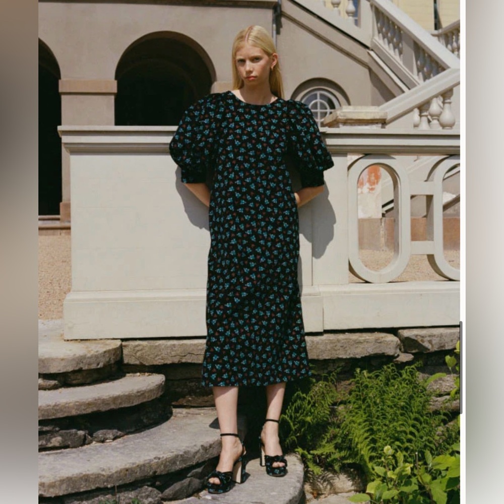 NWT Loeffler Randall Black and Green Floral Puff Sleeve Corduroy Dress Size 4